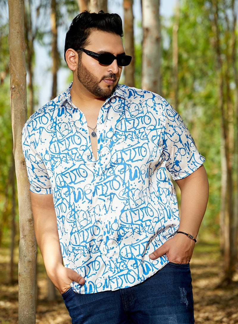 Instafab Plus Men's Azure Blue & Cream White Graffiti Satin Shirt For Casual Wear | Cuban Collar | Short Regular Sleeves | Button Closure | Plus Size Shirt Crafted With Comfort Fit For Everyday Wear - Image 1