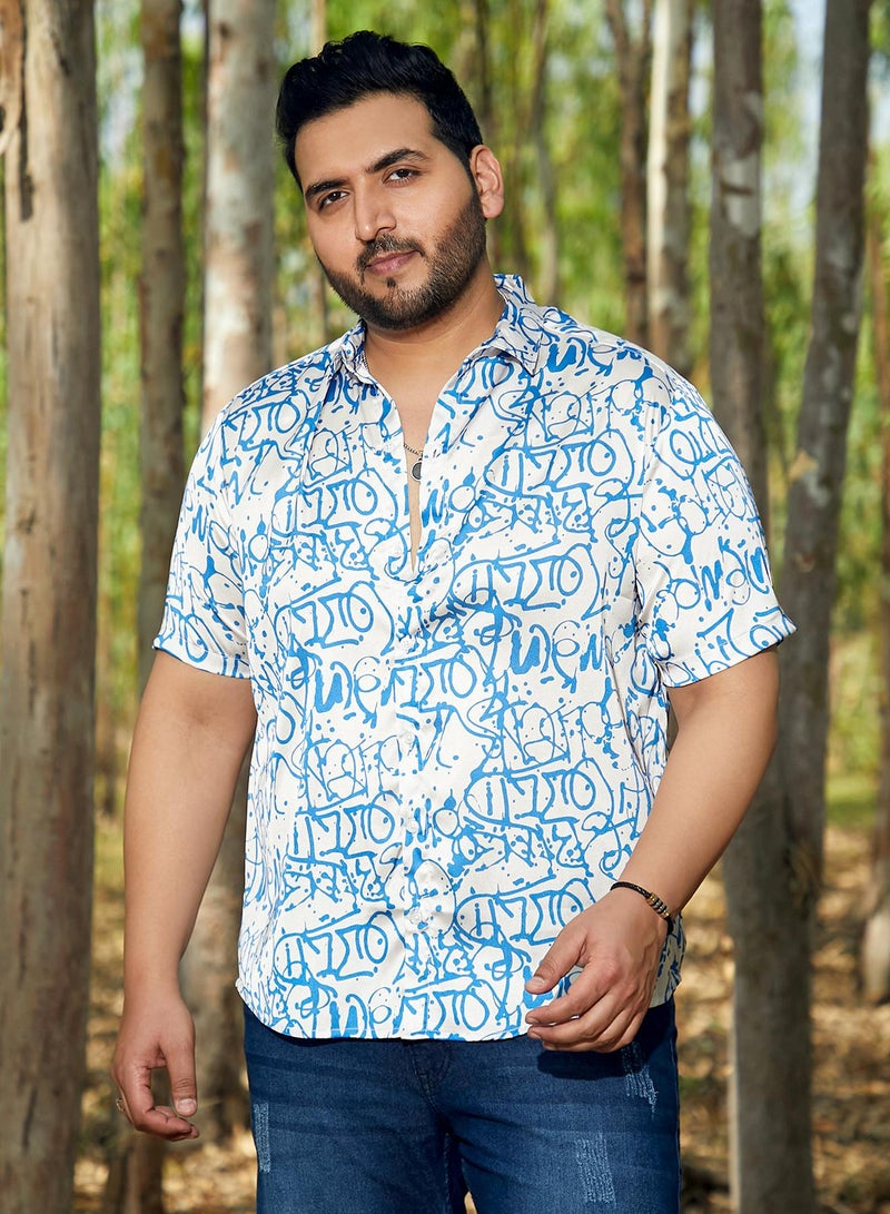 Instafab Plus Men's Azure Blue & Cream White Graffiti Satin Shirt For Casual Wear | Cuban Collar | Short Regular Sleeves | Button Closure | Plus Size Shirt Crafted With Comfort Fit For Everyday Wear - Image 2