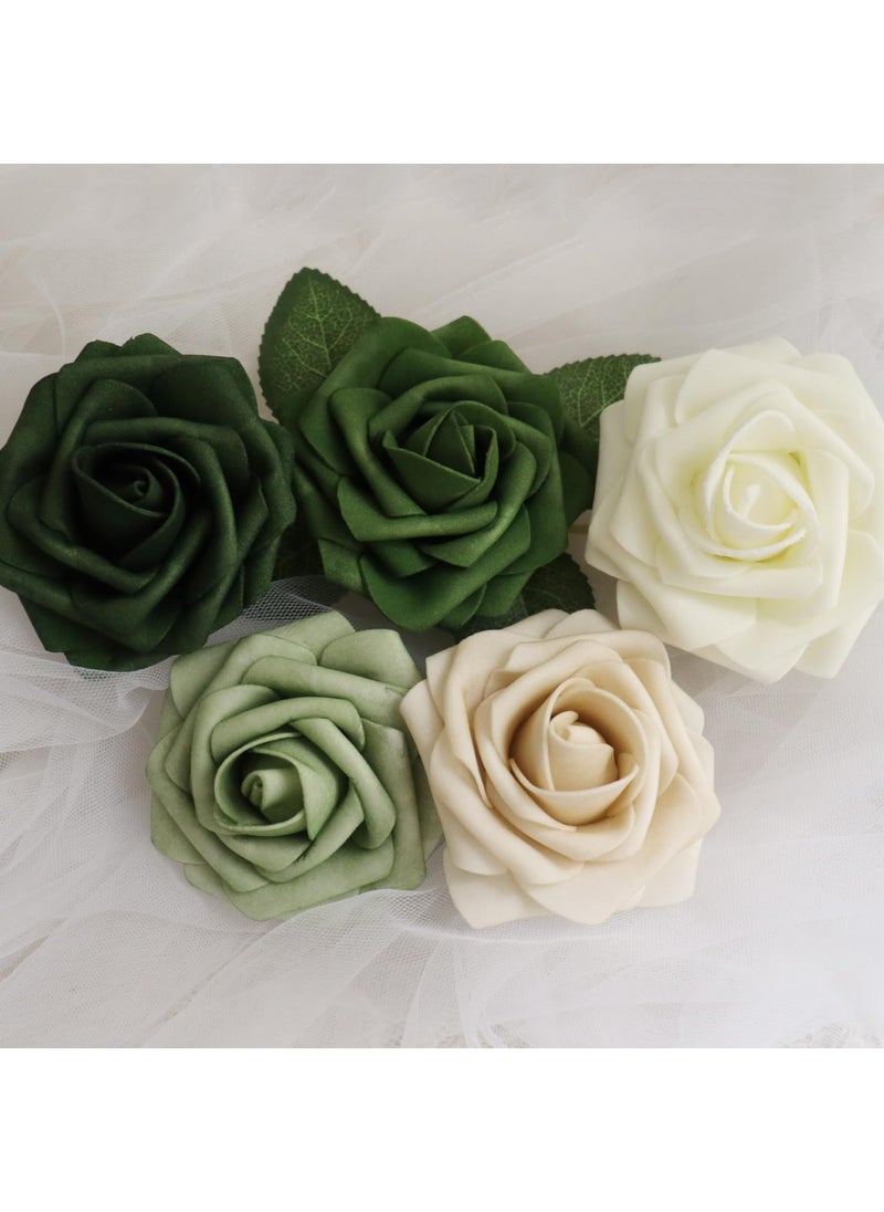 D-Seven D-Seven Artificial Flowers 25pcs Forest Green & Tawny Beige Ombre Color Foam Roses with Stems for DIY Wedding Bouquets Bridal Shower Table Centerpieces Party Decor  - Image 3