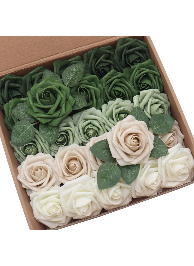 D-Seven D-Seven Artificial Flowers 25pcs Forest Green & Tawny Beige Ombre Color Foam Roses with Stems for DIY Wedding Bouquets Bridal Shower Table Centerpieces Party Decor  - Image 1