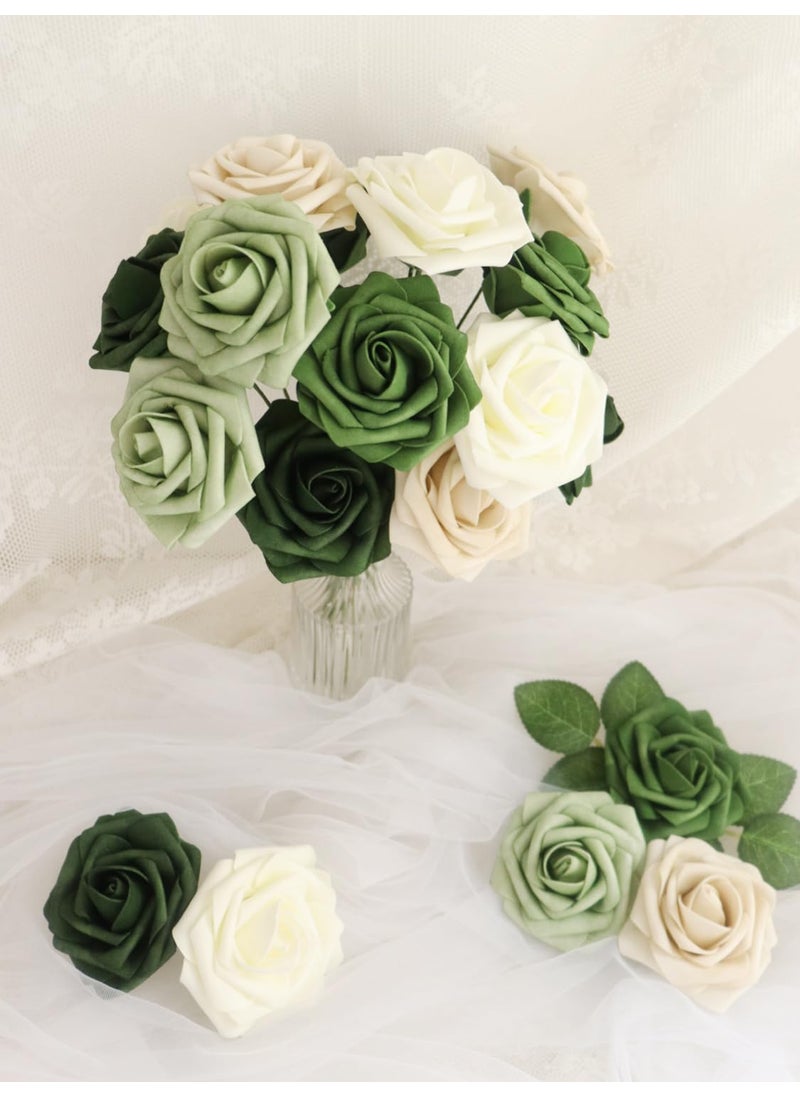 D-Seven D-Seven Artificial Flowers 25pcs Forest Green & Tawny Beige Ombre Color Foam Roses with Stems for DIY Wedding Bouquets Bridal Shower Table Centerpieces Party Decor  - Image 4