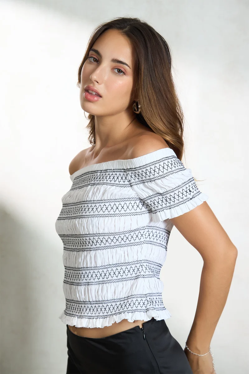 فيرجيو Solid Cotton Off-Shoulder Smocked Top for Women