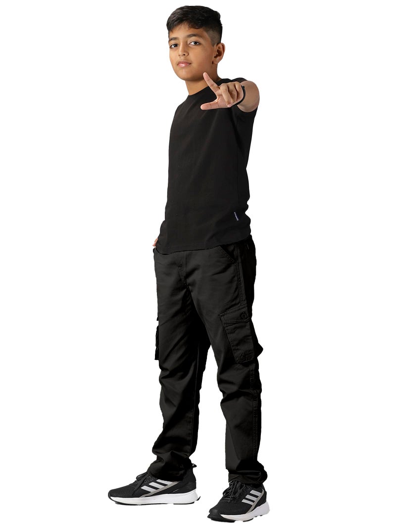 KiddoPanti Boys Cargo Pants | 100% Cotton Twill | Comfortable Regular Fit | Elastic Waistband & Zip Fly | 6 Pocket Lower for Kids | Full-Length Casual Wear |, Jet Black - 10-12Years, Mid Rise - Image 2