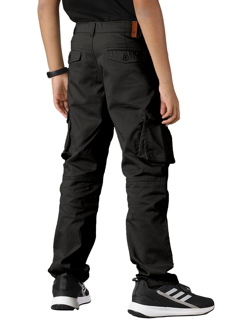 KiddoPanti Boys Cargo Pants | 100% Cotton Twill | Comfortable Regular Fit | Elastic Waistband & Zip Fly | 6 Pocket Lower for Kids | Full-Length Casual Wear |, Jet Black - 10-12Years, Mid Rise - Image 4