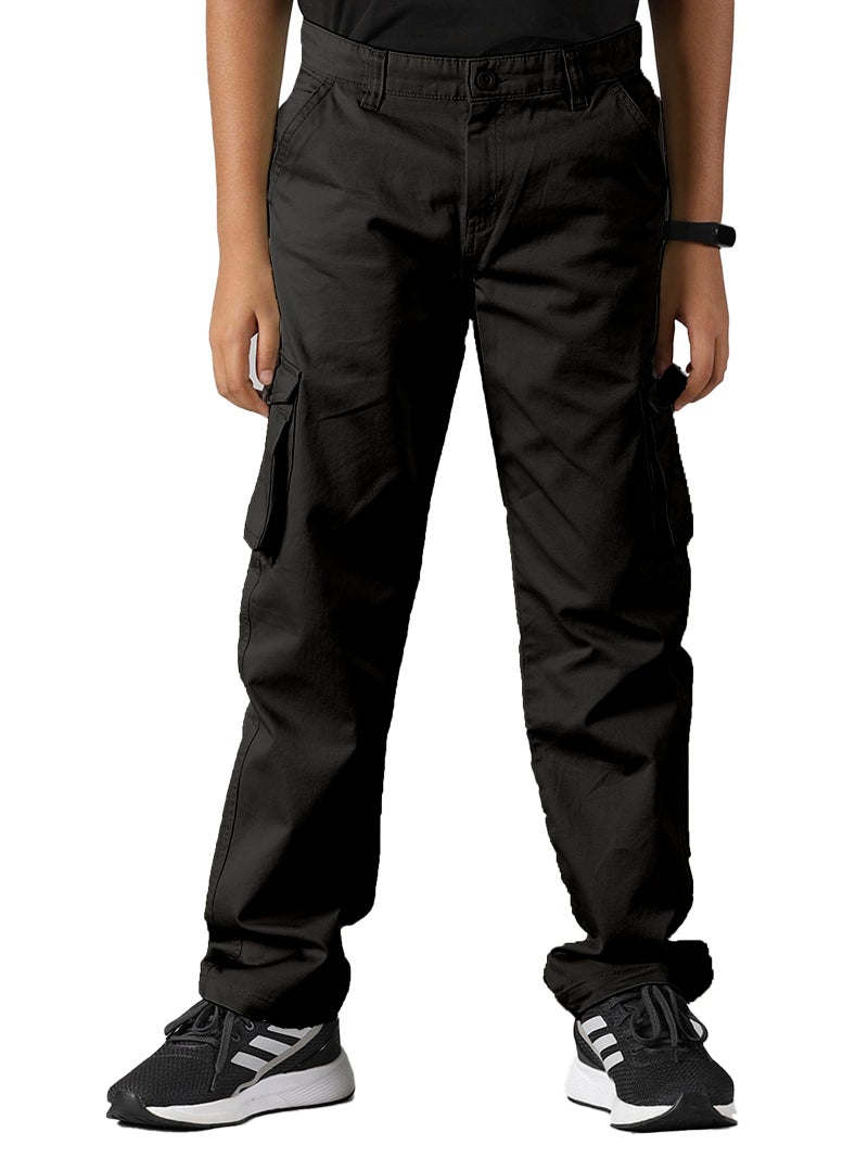 KiddoPanti Boys Cargo Pants | 100% Cotton Twill | Comfortable Regular Fit | Elastic Waistband & Zip Fly | 6 Pocket Lower for Kids | Full-Length Casual Wear |, Jet Black - 10-12Years, Mid Rise - Image 1