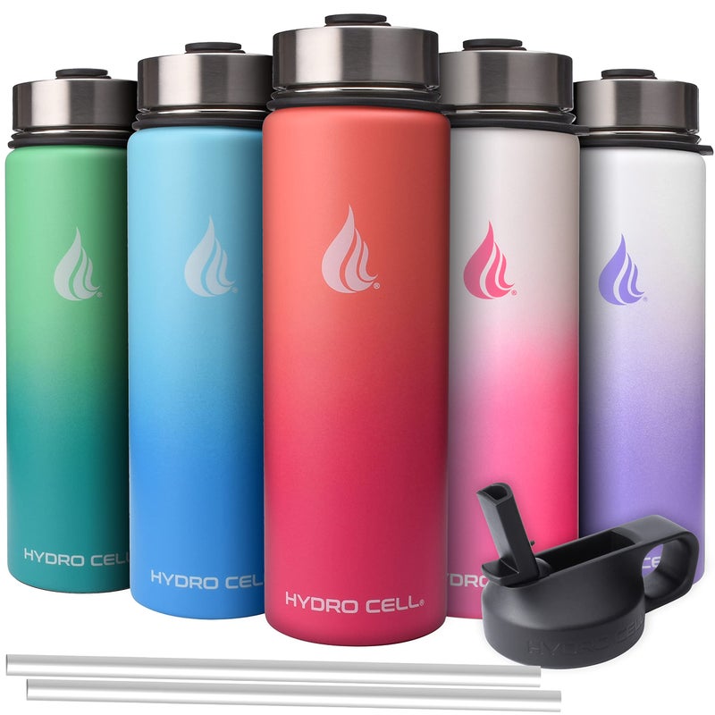 HYDRO CELL Stainless Steel Triple Insulated Water Bottle  2 Lids (64oz 40oz 32oz 24oz 18oz 14oz) Metal Vacuum Flask with Modern Leakproof Sport Straw Design for Kids and Adults (Red/Orange 24oz) - Image 1