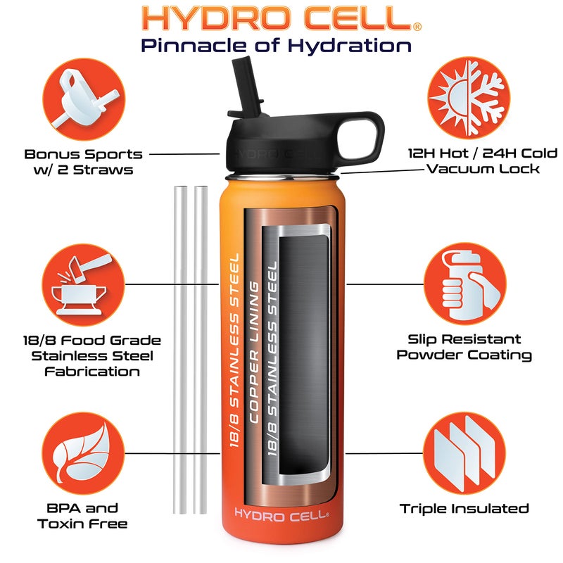HYDRO CELL Stainless Steel Triple Insulated Water Bottle  2 Lids (64oz 40oz 32oz 24oz 18oz 14oz) Metal Vacuum Flask with Modern Leakproof Sport Straw Design for Kids and Adults (Red/Orange 24oz) - Image 4