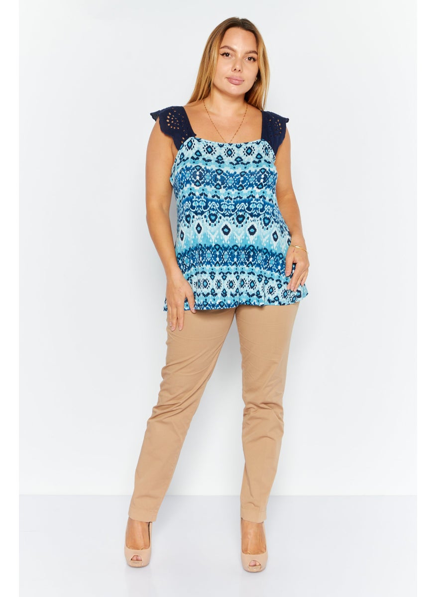 Willow Drive - Women Square Neck Sleeveless Aztec Print Top, Navy Combo - Image 1