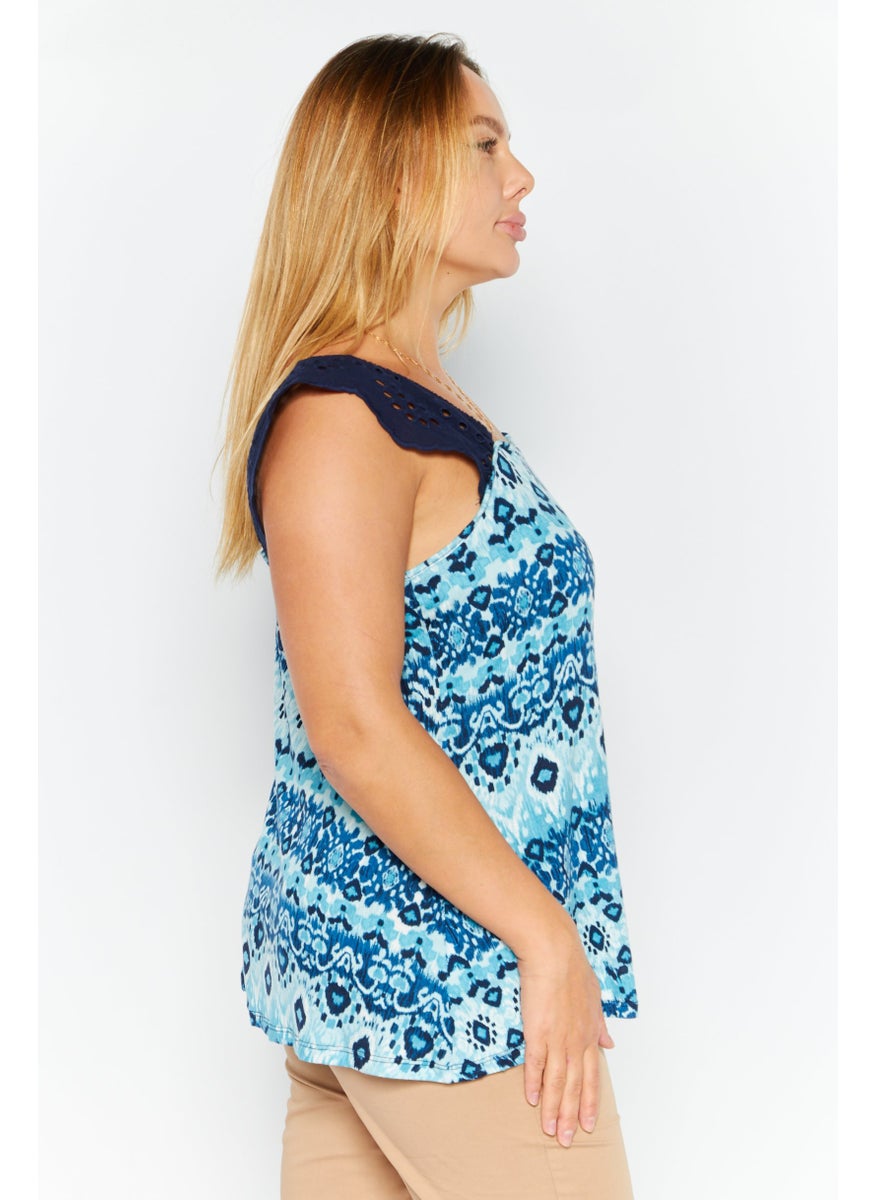 Willow Drive - Women Square Neck Sleeveless Aztec Print Top, Navy Combo - Image 1
