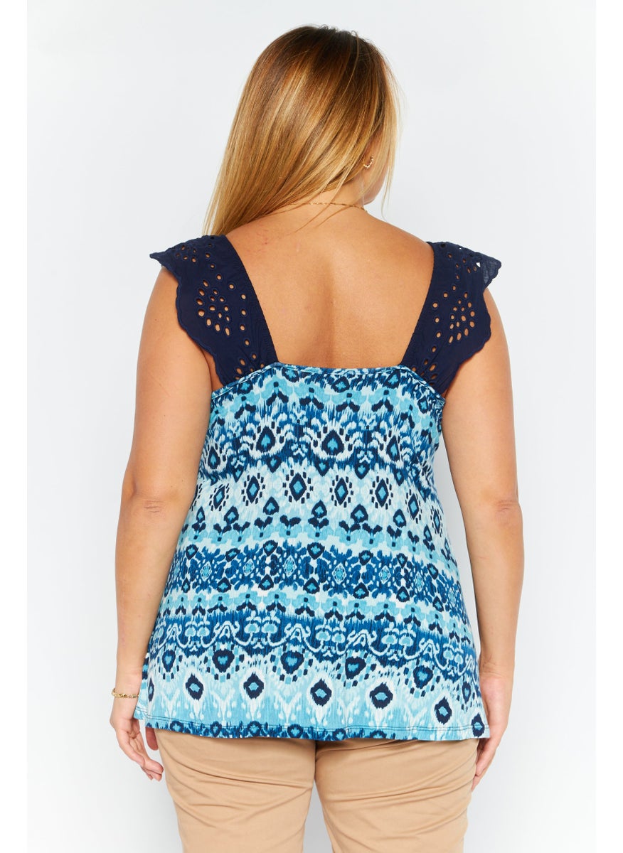 Willow Drive - Women Square Neck Sleeveless Aztec Print Top, Navy Combo - Image 1