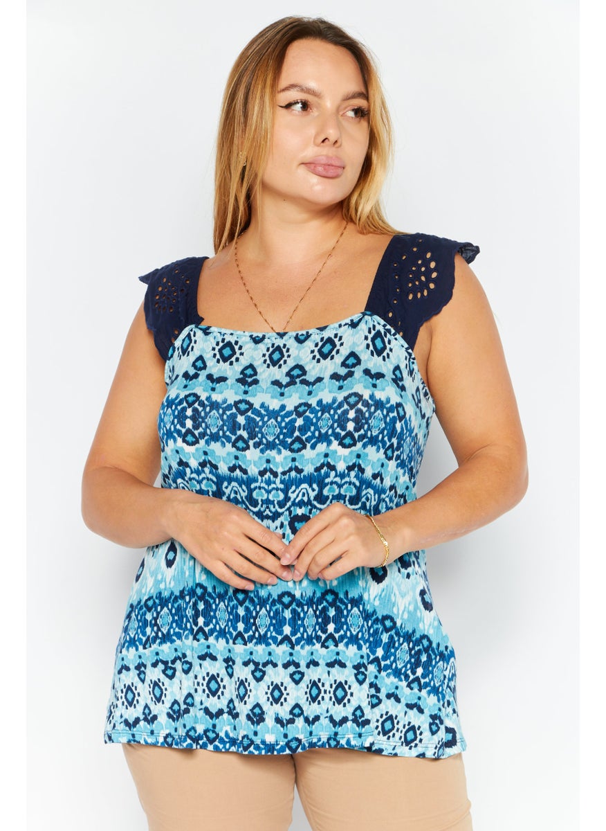Willow Drive - Women Square Neck Sleeveless Aztec Print Top, Navy Combo - Image 1