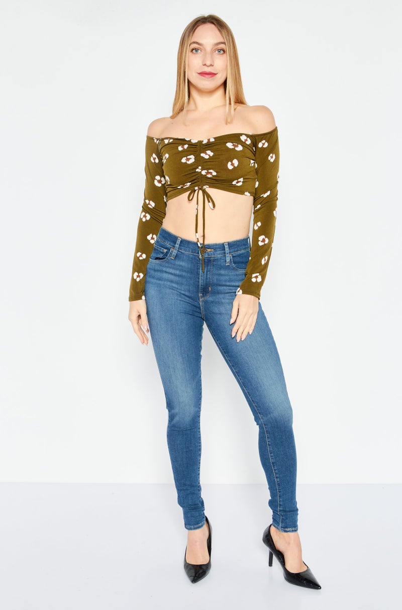 Endless Blu Women Straight Across Long Sleeve Allover Print Top, Dark Olive - Image 3