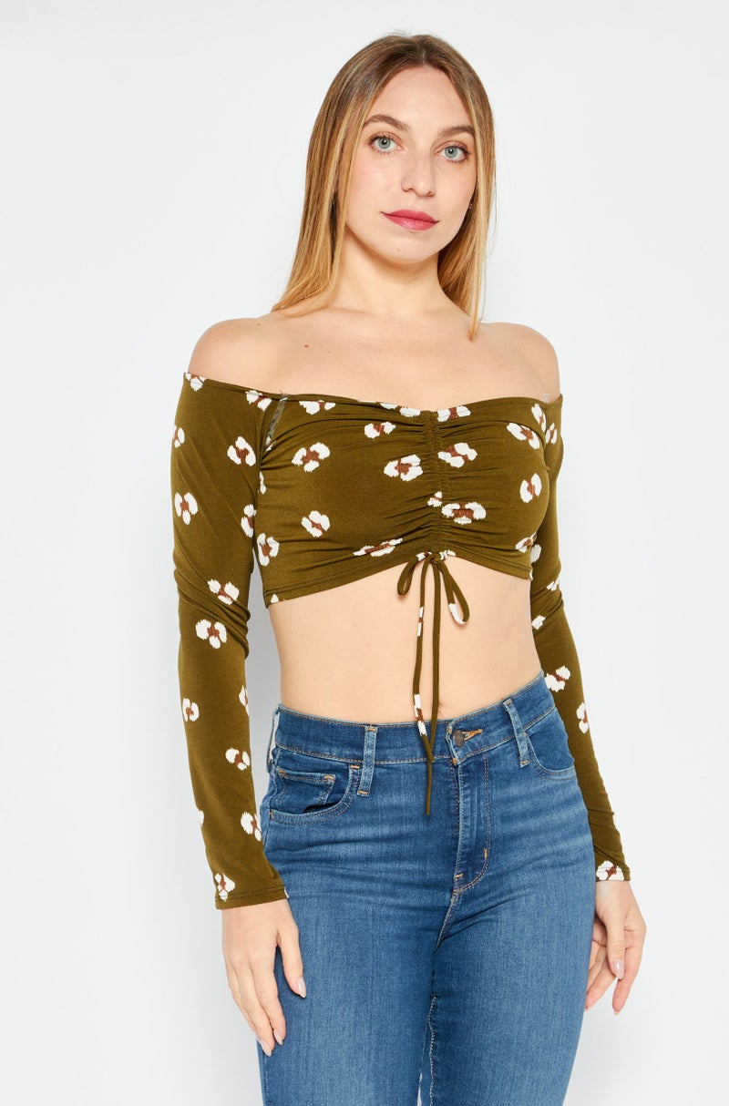 Endless Blu Women Straight Across Long Sleeve Allover Print Top, Dark Olive - Image 1