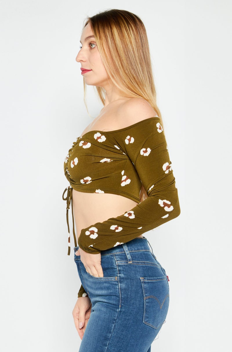 Endless Blu Women Straight Across Long Sleeve Allover Print Top, Dark Olive - Image 4