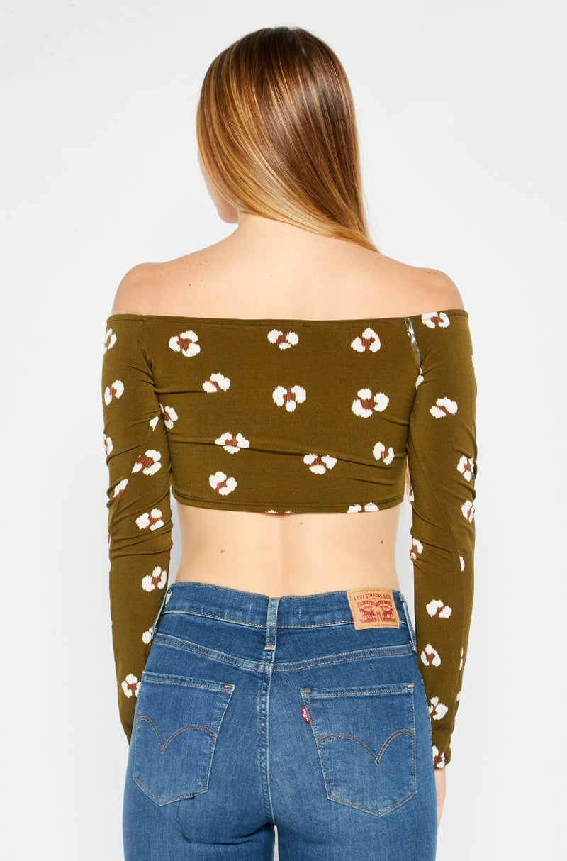 Endless Blu Women Straight Across Long Sleeve Allover Print Top, Dark Olive - Image 2