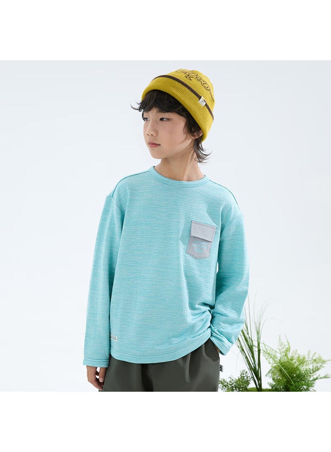 Mipoo Autumn New Plaid Fleece Crew Neck Long Sleeve T-shirt Blue 140cm - Image 3