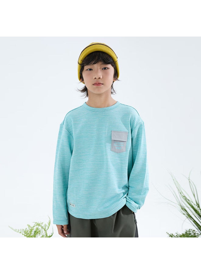 Mipoo Autumn New Plaid Fleece Crew Neck Long Sleeve T-shirt Blue 140cm - Image 2
