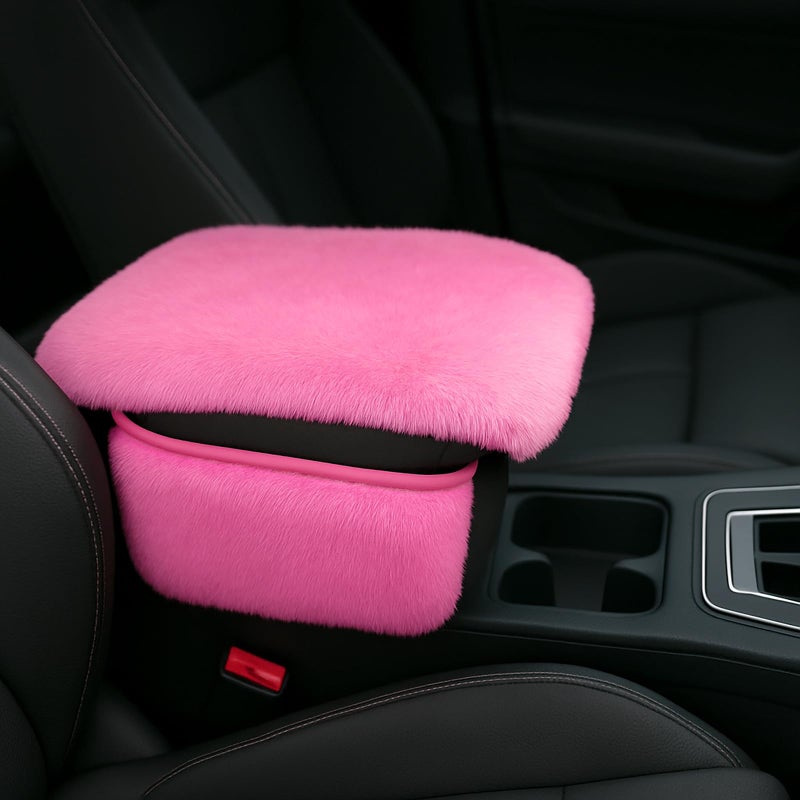 I3DIDEA Fluffy Car Armrest Cover with Side Pockets Plush Fuzzy Fur Center Console Armrest Cushion Pad Universal Winter Car Interior Protector Soft Arm Rest Cover with Storage for Women Men PINK - Image 3