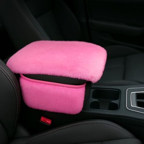 I3DIDEA Fluffy Car Armrest Cover with Side Pockets Plush Fuzzy Fur Center Console Armrest Cushion Pad Universal Winter Car Interior Protector Soft Arm Rest Cover with Storage for Women Men PINK - Image 1