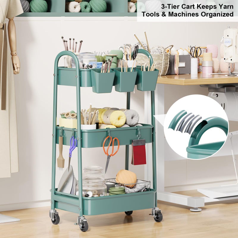 Recximi 3 Tier Green Metal Rolling Cart with Lockable Wheels and Handle, 3 Tiered Utility Storage Organizer Carts for Teachers, Arts, Craft, Snack, Book, Bedside, Nursery, Cleaning Supplies, Easy Assembly - Image 2