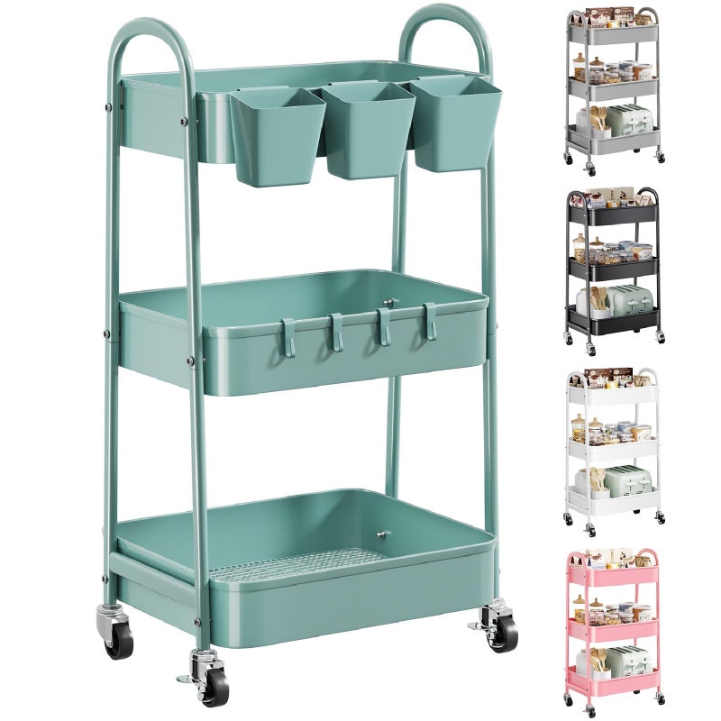 Recximi 3 Tier Green Metal Rolling Cart with Lockable Wheels and Handle, 3 Tiered Utility Storage Organizer Carts for Teachers, Arts, Craft, Snack, Book, Bedside, Nursery, Cleaning Supplies, Easy Assembly - Image 1