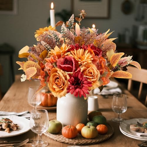 Pusuny 2 Pcs Artificial Fall Flowers Bouquet for Decoration, Fall Fake Silk Flower Arrangement Faux Autumn Flowers Fall Decorations for Home Indoor Office Wedding Bride Bouquets Table Centerpieces Fall Decor - Image 3