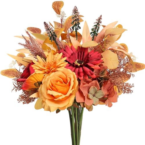Pusuny 2 Pcs Artificial Fall Flowers Bouquet for Decoration, Fall Fake Silk Flower Arrangement Faux Autumn Flowers Fall Decorations for Home Indoor Office Wedding Bride Bouquets Table Centerpieces Fall Decor - Image 1