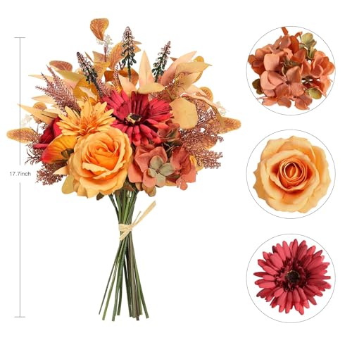 Pusuny 2 Pcs Artificial Fall Flowers Bouquet for Decoration, Fall Fake Silk Flower Arrangement Faux Autumn Flowers Fall Decorations for Home Indoor Office Wedding Bride Bouquets Table Centerpieces Fall Decor - Image 5