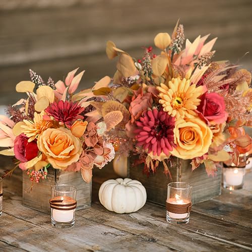 Pusuny 2 Pcs Artificial Fall Flowers Bouquet for Decoration, Fall Fake Silk Flower Arrangement Faux Autumn Flowers Fall Decorations for Home Indoor Office Wedding Bride Bouquets Table Centerpieces Fall Decor - Image 4