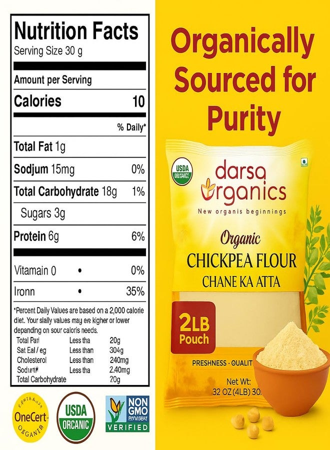 Darsa Organics Chickpea Flour 2 lb - Premium Stone Ground Besan Flour - Gluten Free Garbanzo Bean Flour for Baking and Cooking - Non-GMO Gram Flour, Chemical Free, Vacuum Sealed Bag - Image 2
