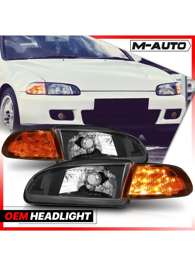 M-AUTO Headlight Assembly Pair Left+Right Compatible with 1992 1993 1994 1995 Honda Civic 2/3Dr - Black Housing Clear Lens Crystal Amber Corner - Image 2