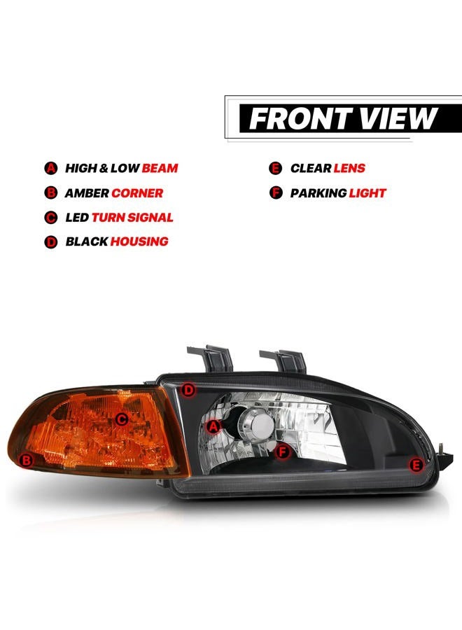 M-AUTO Headlight Assembly Pair Left+Right Compatible with 1992 1993 1994 1995 Honda Civic 2/3Dr - Black Housing Clear Lens Crystal Amber Corner - Image 3
