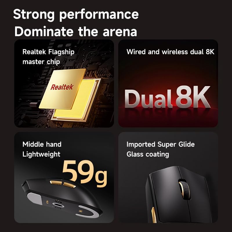Hyekit فأرة الألعاب الإلكترونية MCHOSE K7 Ultra اللاسلكية مع منصة شحن مغناطيسية، مستشعر بصري PAW3950، معدل استطلاع ثنائي 8K، دقة تصل إلى 42K DPI، وزن خفيف يبلغ 59 جرامًا، 5 أزرار قابلة للبرمجة، بطارية تدوم لمدة 130 ساعة (لون أسود). - Image 3
