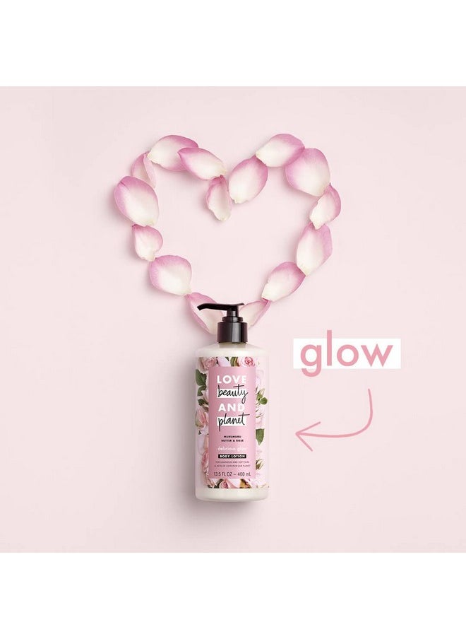 لاف بيوتي أند بلانيت لوشن الجسم المتوهج اللذيذ من Love Beauty and Planet لبشرة ناعمة ومشرقة، زبدة مورومورو والورد، مكونات طبيعية، مرطبات نباتية، نباتي، خالٍ من القسوة، 13.5 أونصة (عبوة من 3 قطع)  - Image 4