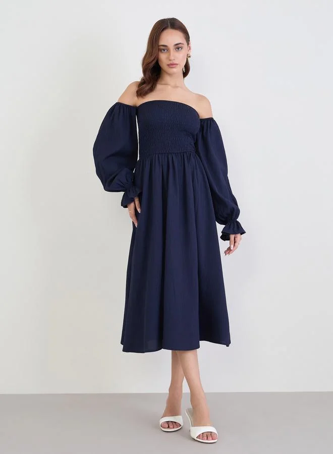 Styli  Styli Navy Blue Off Shoulder Midi Dress for Women | Best Price UAE