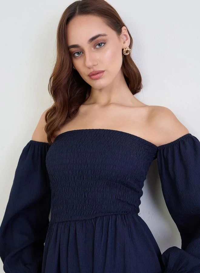 Styli  Styli Navy Blue Off Shoulder Midi Dress for Women | Best Price UAE