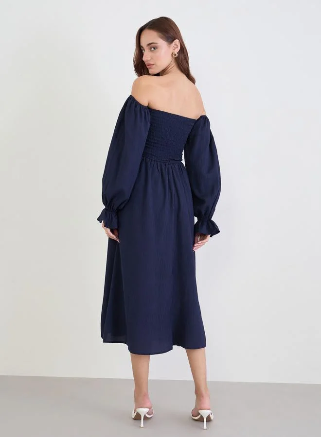 Styli  Styli Navy Blue Off Shoulder Midi Dress for Women | Best Price UAE
