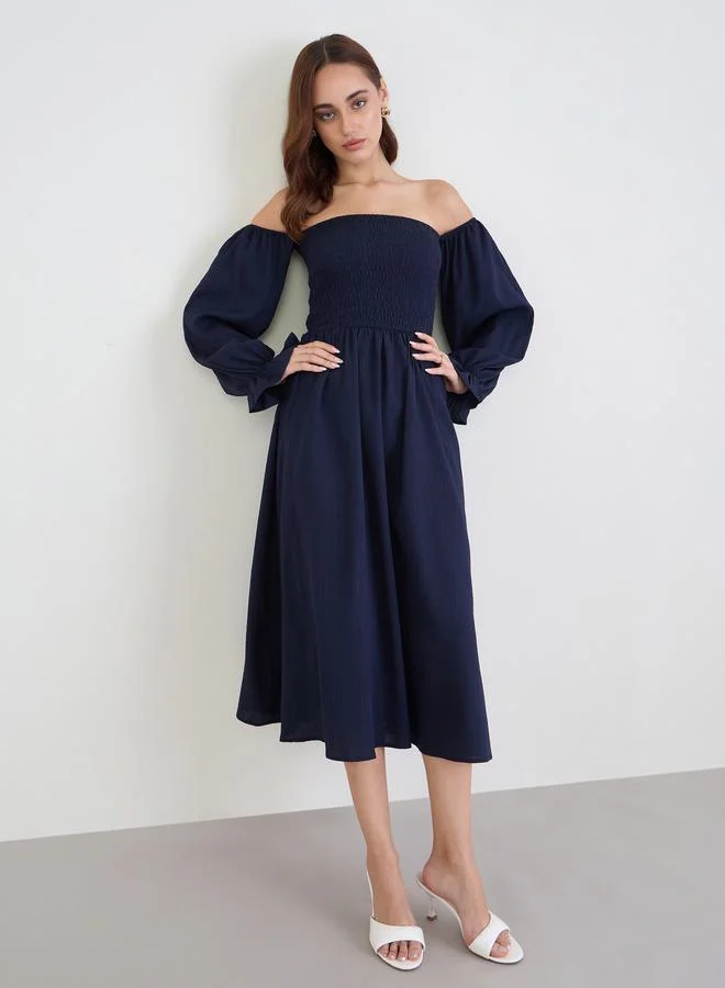 Styli  Styli Navy Blue Off Shoulder Midi Dress for Women | Best Price UAE