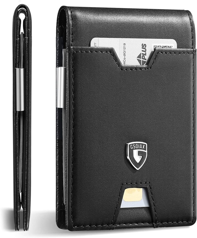 GSOIAX محفظة الرقيقة للرجال، مزودة بحماية ضد تقنية RFID، تصميم مزدوج الأجزاء، مصنوعة من جلد أصلي وألياف كربونية، تحتوي على حامل لبطاقات الائتمان، باللون الرمادي الداكن، رفيعة الوزن، مع صندوق هدايا. - Image 1