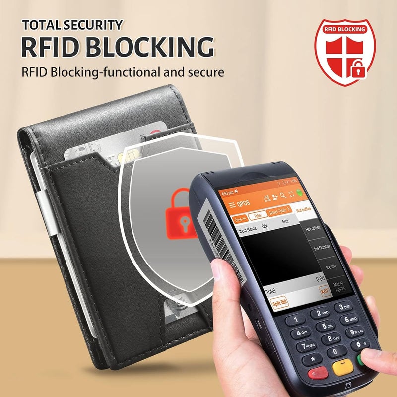GSOIAX محفظة الرقيقة للرجال، مزودة بحماية ضد تقنية RFID، تصميم مزدوج الأجزاء، مصنوعة من جلد أصلي وألياف كربونية، تحتوي على حامل لبطاقات الائتمان، باللون الرمادي الداكن، رفيعة الوزن، مع صندوق هدايا. - Image 4