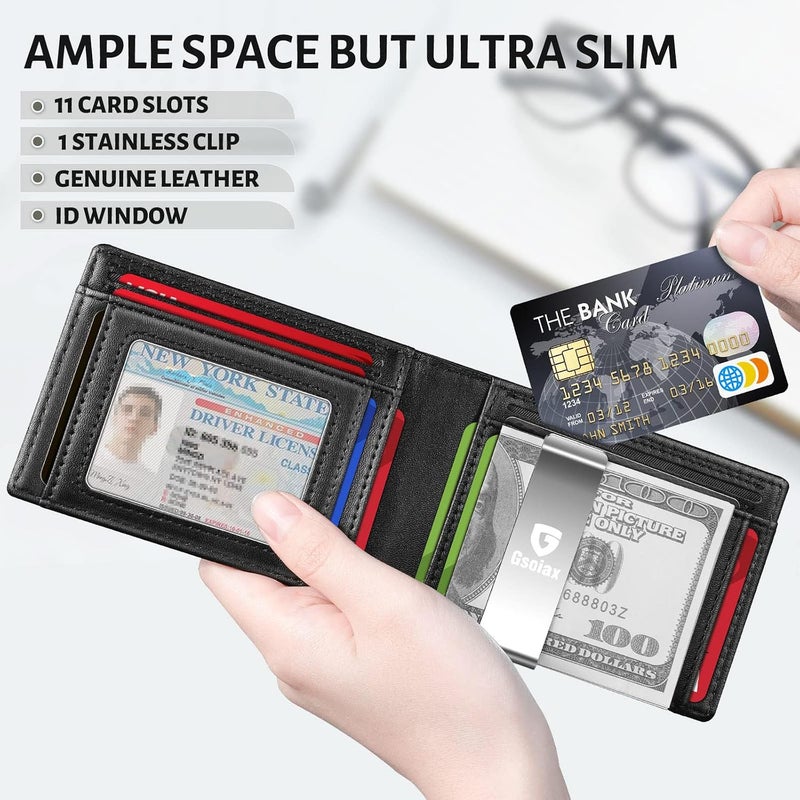 GSOIAX محفظة الرقيقة للرجال، مزودة بحماية ضد تقنية RFID، تصميم مزدوج الأجزاء، مصنوعة من جلد أصلي وألياف كربونية، تحتوي على حامل لبطاقات الائتمان، باللون الرمادي الداكن، رفيعة الوزن، مع صندوق هدايا. - Image 3