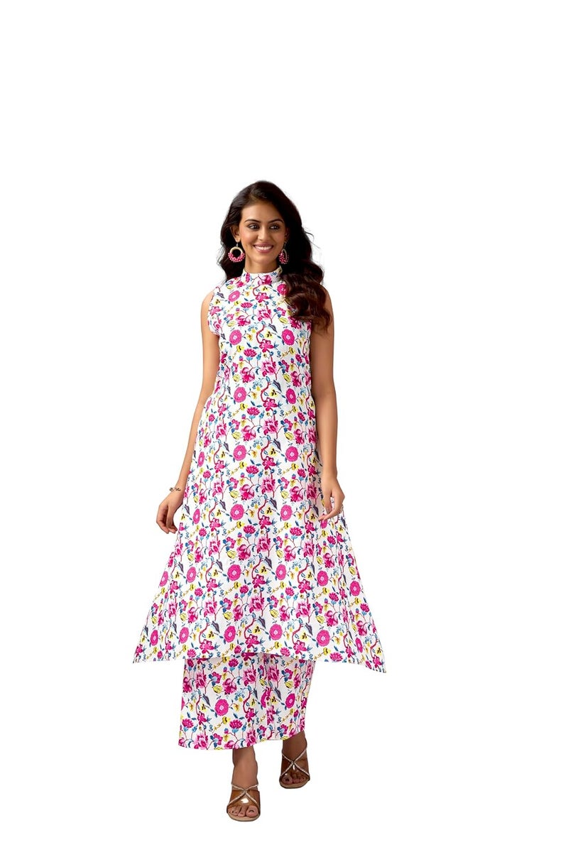 STUNNGIRL Timeless Elegance ستونغ جيرل أناقة خالدة طقم قطن مزخرف بأزهار بدون أكمام مع جيوب، قميص طويل مع بنطلون، أبيض متعدد الألوان ملابس كاجوال - Image 1