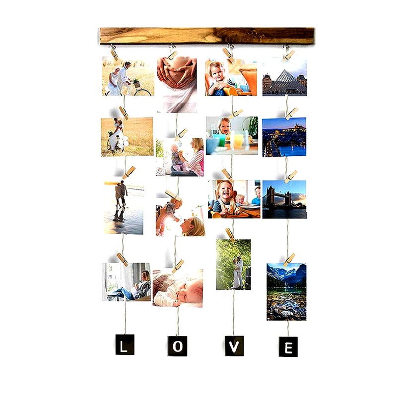 VAH- Kya Bat Hai !! VAH LOVE Hanging Photo Display Picture Frame Collage Picture Display Organizer with Wood Clips for Wall Decor Hanging Photos Prints and Artwork 