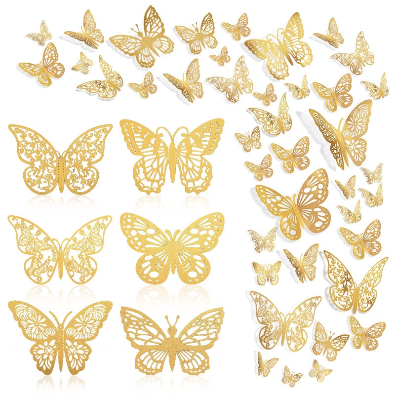 BTYMS 144 Pcs Gold Butterfly Wall Decor, 3D Butterfly Stickers 6 Styles and 3 Sizes, Removable Mural Stickers Metallic Butterflies Decorations for Walls - Image 1