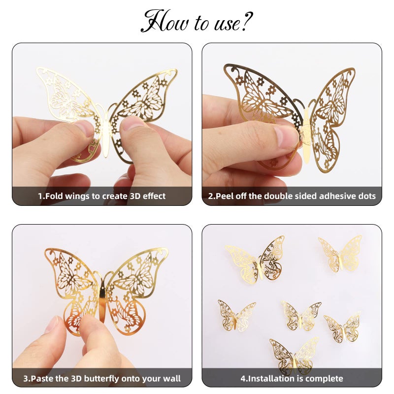 BTYMS 144 Pcs Gold Butterfly Wall Decor, 3D Butterfly Stickers 6 Styles and 3 Sizes, Removable Mural Stickers Metallic Butterflies Decorations for Walls - Image 3