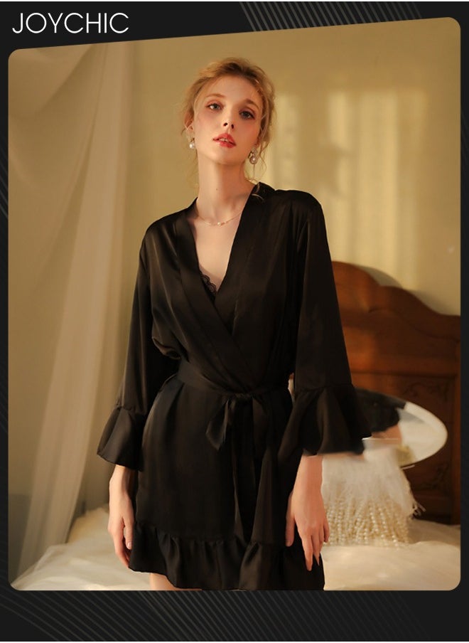 Joychic - French Romantic Female Satin Nightgown Delicate Flounces Design Cuff Pajamas Women  Breathable V Cardigan Charming Sleepwear Black - Image 1