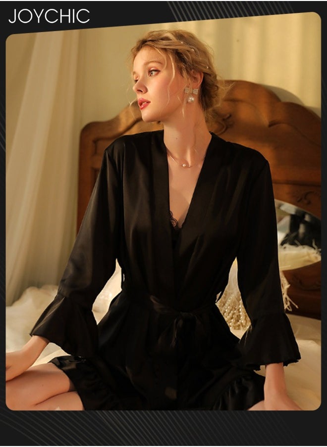 Joychic - French Romantic Female Satin Nightgown Delicate Flounces Design Cuff Pajamas Women  Breathable V Cardigan Charming Sleepwear Black - Image 1