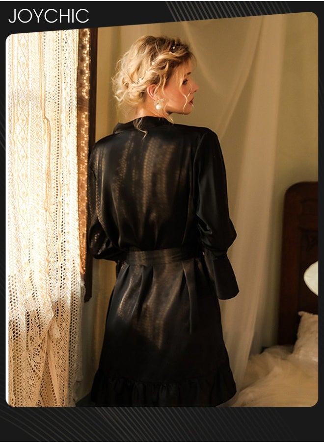 Joychic - French Romantic Female Satin Nightgown Delicate Flounces Design Cuff Pajamas Women  Breathable V Cardigan Charming Sleepwear Black - Image 1