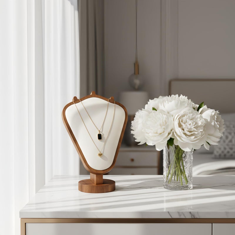 SWTOOL Walnut Color Body Wood Necklace Display Stand with White Leather Soft Mat Necklace Holder Organizer Desktop Stand for Home Store Dresser-3.3"x5.8"x8.4" - Image 5