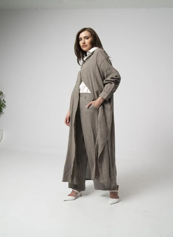 Aila Fashion Light brown linen cardigan with pants 107